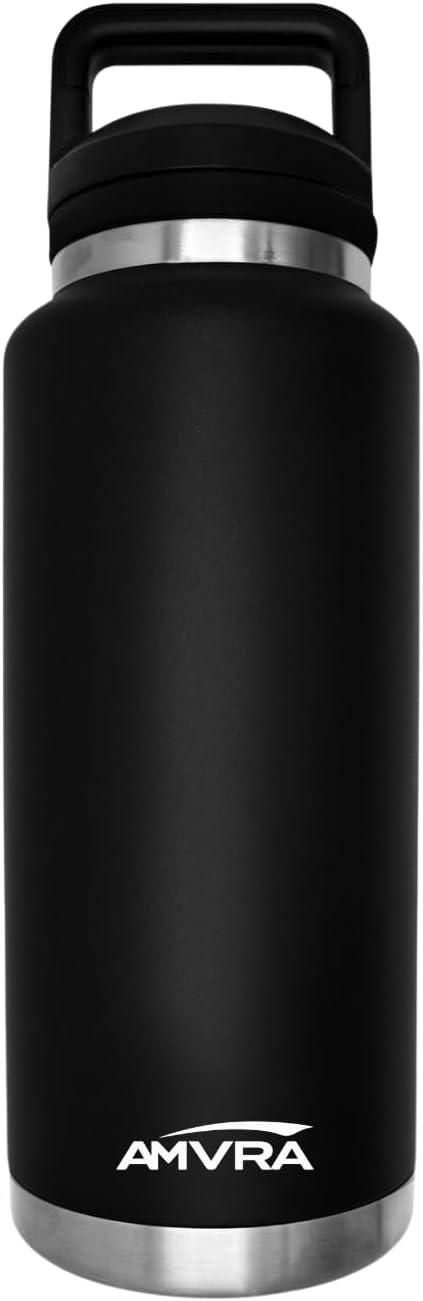 AMVRA Rambler 18 oz Stainless Steel Water Bottle with Chug Cap – Vacuum Insulated, Leakproof, BPA Free – Keeps Drinks Cold 24H Hot 12H – Reusable Travel Bottle, Black