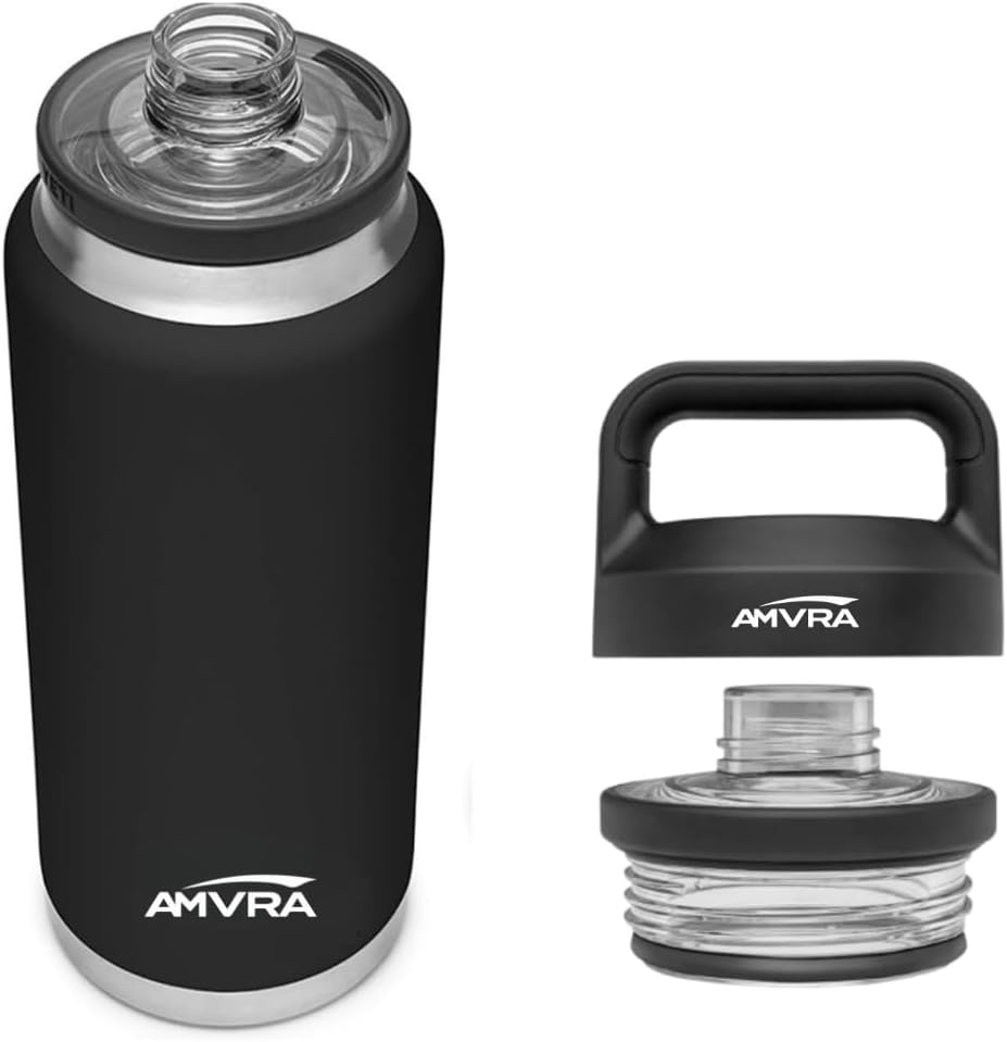 AMVRA Rambler 36 oz Stainless Steel Water Bottle with Chug Cap – Vacuum Insulated, Leakproof, BPA Free – Keeps Drinks Cold 24H Hot 12H – Reusable Travel Bottle, Black