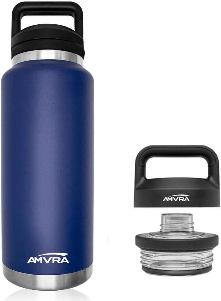 AMVRA Rambler 18 oz Stainless Steel Water Bottle with Chug Cap – Vacuum Insulated, Leakproof, BPA Free – Keeps Drinks Cold 24H Hot 12H – Reusable Travel Bottle, Navy Blue