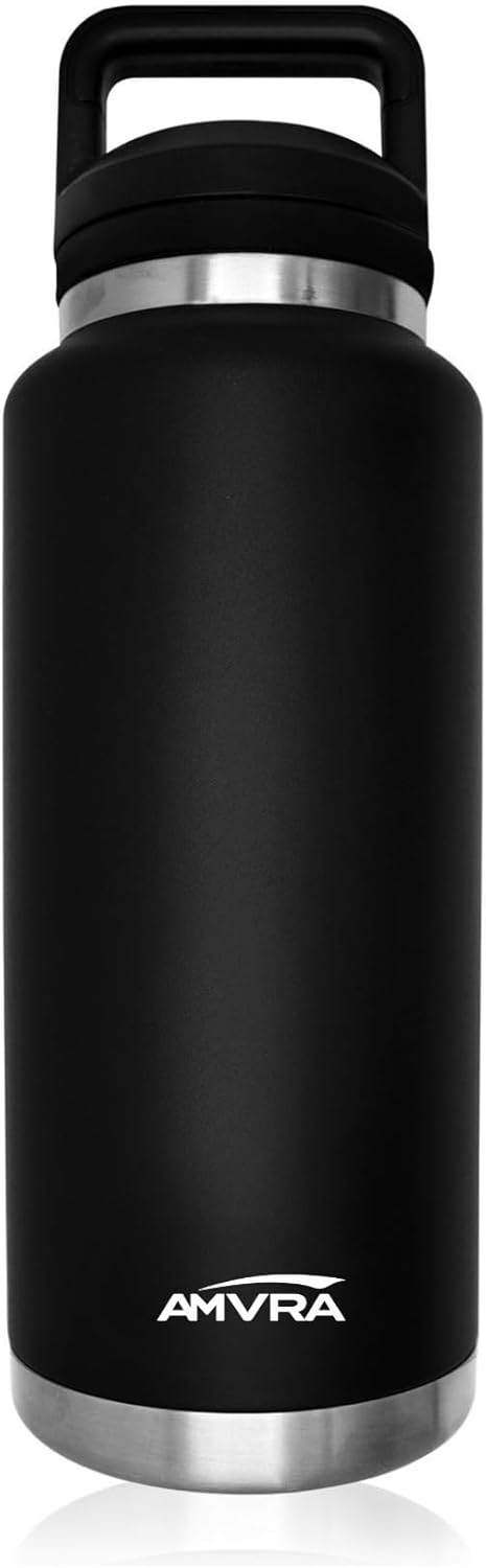 AMVRA Rambler 26 oz Stainless Steel Water Bottle with Chug Cap – Vacuum Insulated, Leakproof, BPA Free – Keeps Drinks Cold 24H Hot 12H – Reusable Travel Bottle, Black