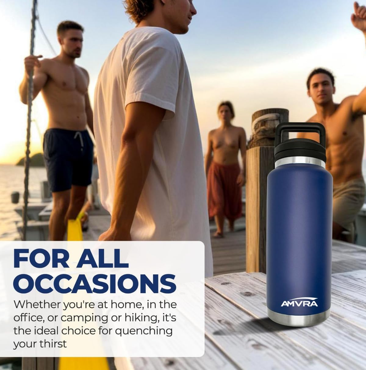 AMVRA Rambler 18 oz Stainless Steel Water Bottle with Chug Cap – Vacuum Insulated, Leakproof, BPA Free – Keeps Drinks Cold 24H Hot 12H – Reusable Travel Bottle, Navy Blue