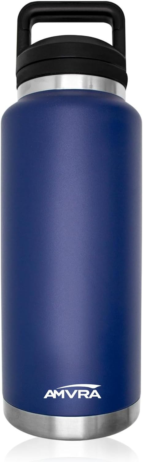 AMVRA Rambler 36 oz Stainless Steel Water Bottle with Chug Cap – Vacuum Insulated, Leakproof, BPA Free – Keeps Drinks Cold 24H Hot 12H – Reusable Travel Bottle, Navy Blue