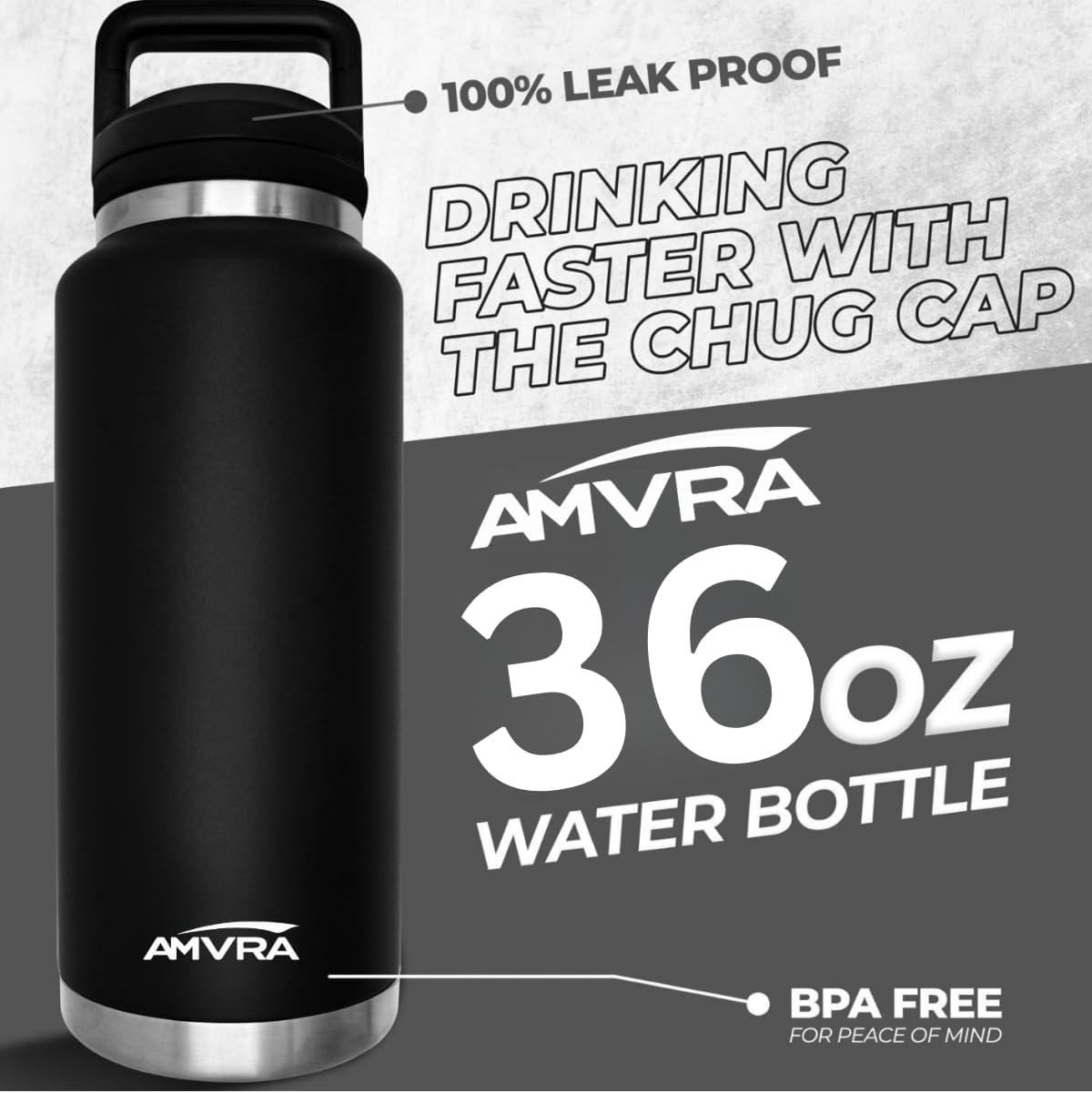 AMVRA Rambler 36 oz Stainless Steel Water Bottle with Chug Cap – Vacuum Insulated, Leakproof, BPA Free – Keeps Drinks Cold 24H Hot 12H – Reusable Travel Bottle, Black