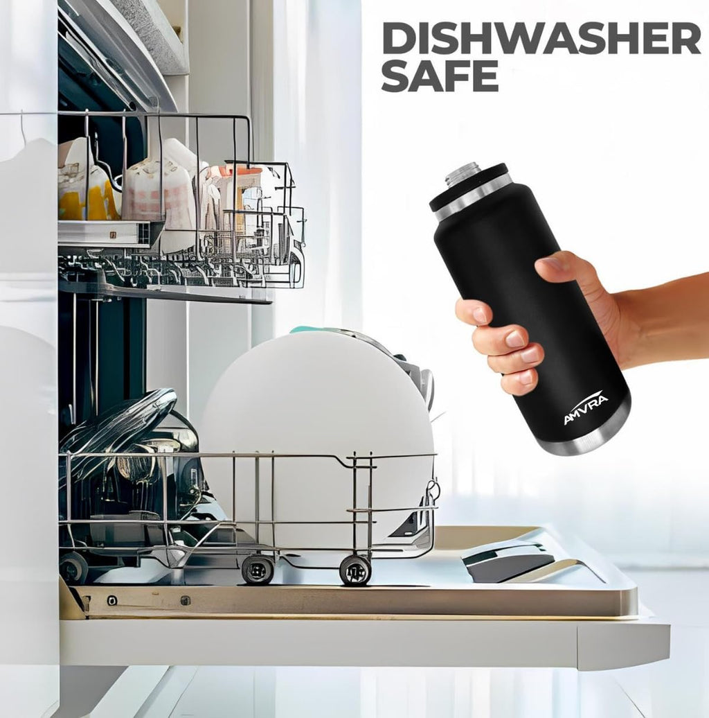 AMVRA Rambler 18 oz Stainless Steel Water Bottle with Chug Cap – Vacuum Insulated, Leakproof, BPA Free – Keeps Drinks Cold 24H Hot 12H – Reusable Travel Bottle, Black