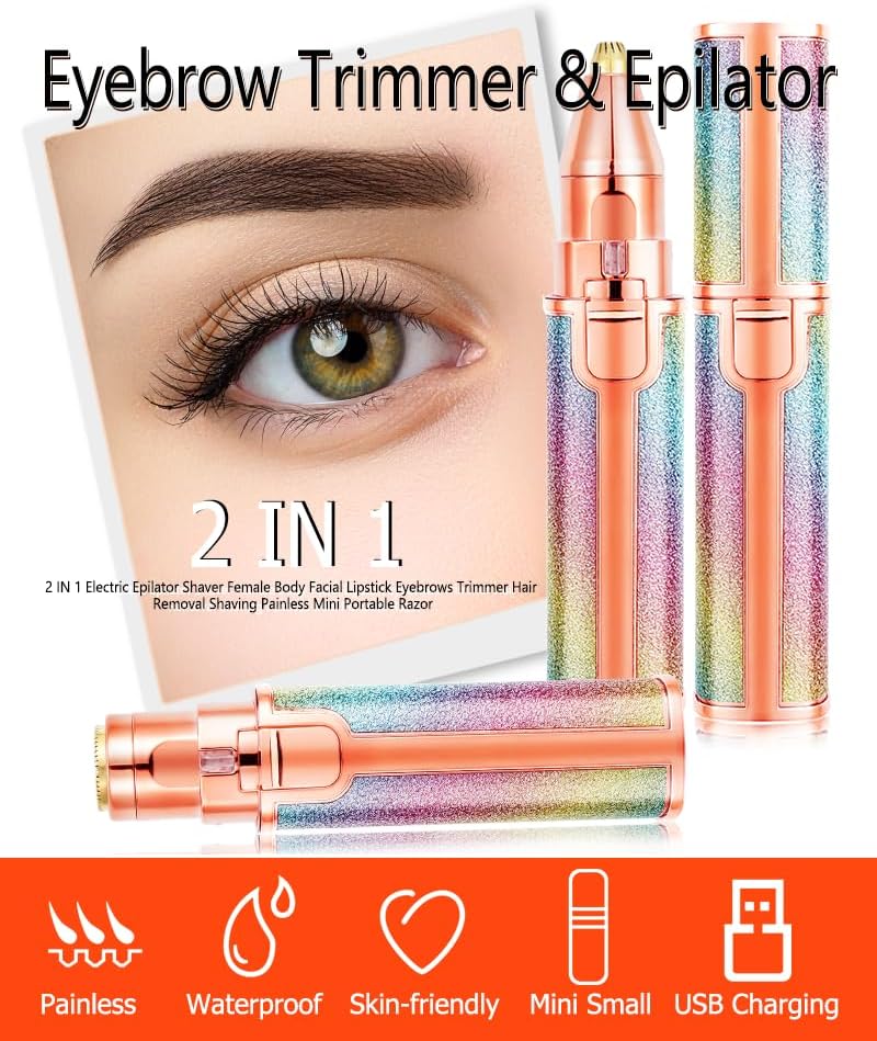 AMVRA 2-in-1 Facial Hair Removal for Women, Rechargeable Eyebrow & Nose Hair Trimmer, Painless Face Shaver for Lip, Chin & Eyebrow with Built-in LED Light, USB Rechargeable Facial Hair Remover