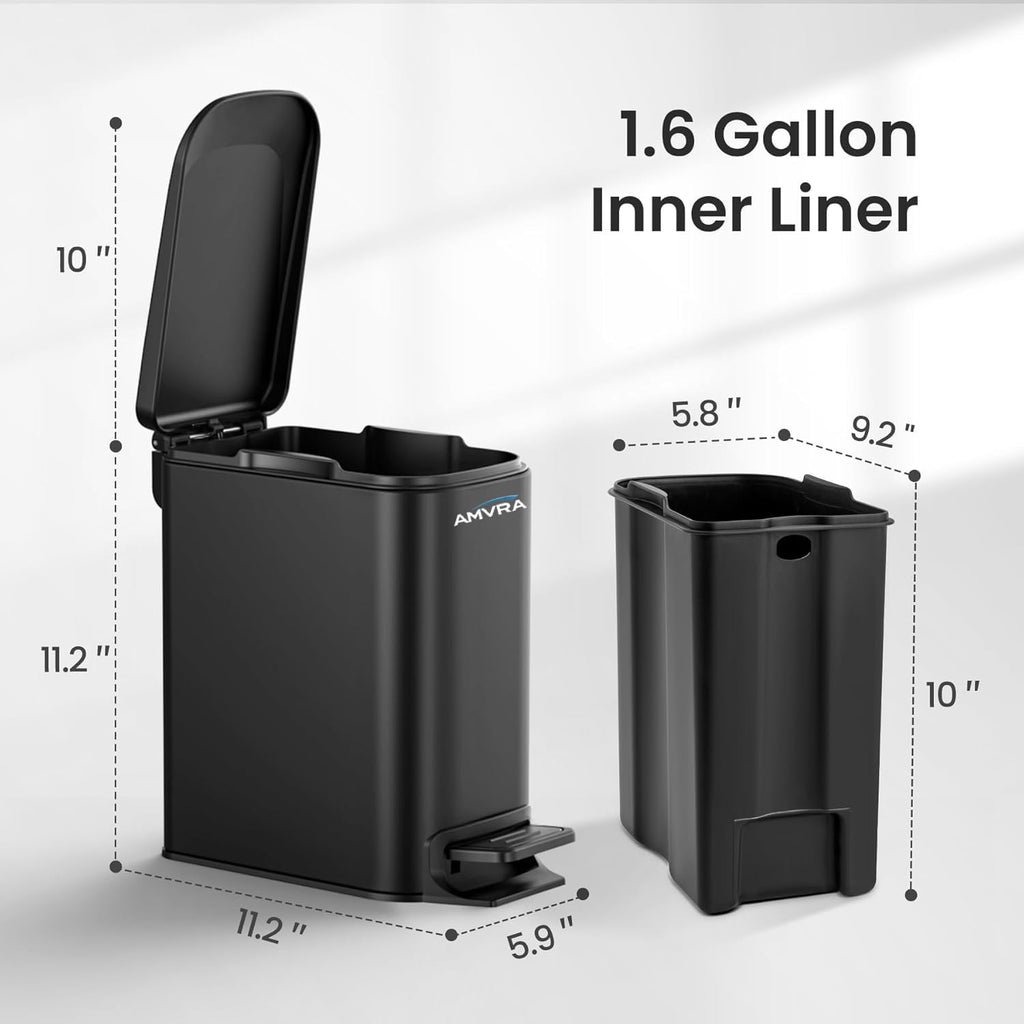 AMVRA Small Bathroom Trash Can with Lid Soft Close, Step Pedal, 6 Liter / 1.6 Gallon Stainless Steel Garbage Can with Removable Inner Bucket, Anti-Fingerprint Finish (Black)