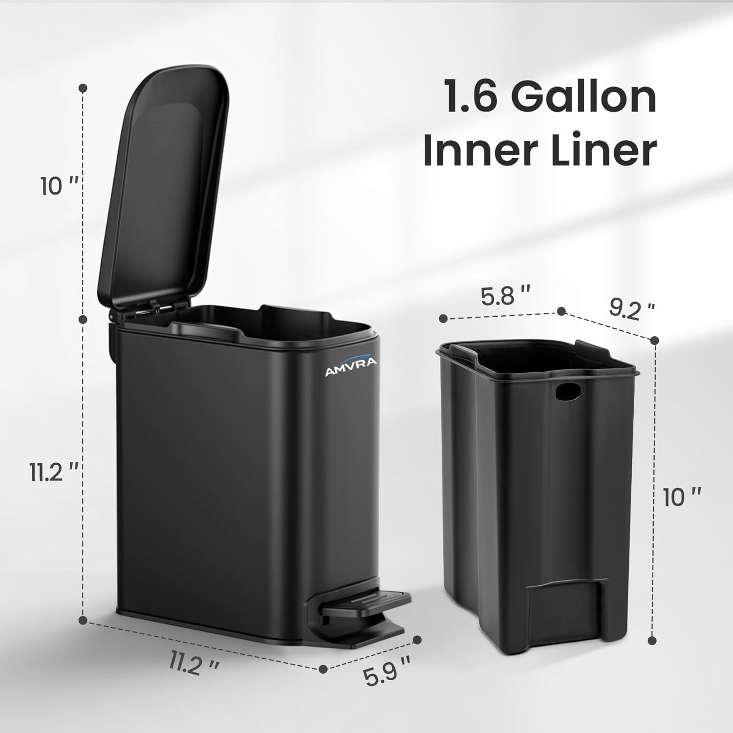 AMVRA Small Bathroom Trash Can with Lid Soft Close, Step Pedal, 6 Liter / 1.6 Gallon Stainless Steel Garbage Can with Removable Inner Bucket, Anti-Fingerprint Finish (Black)
