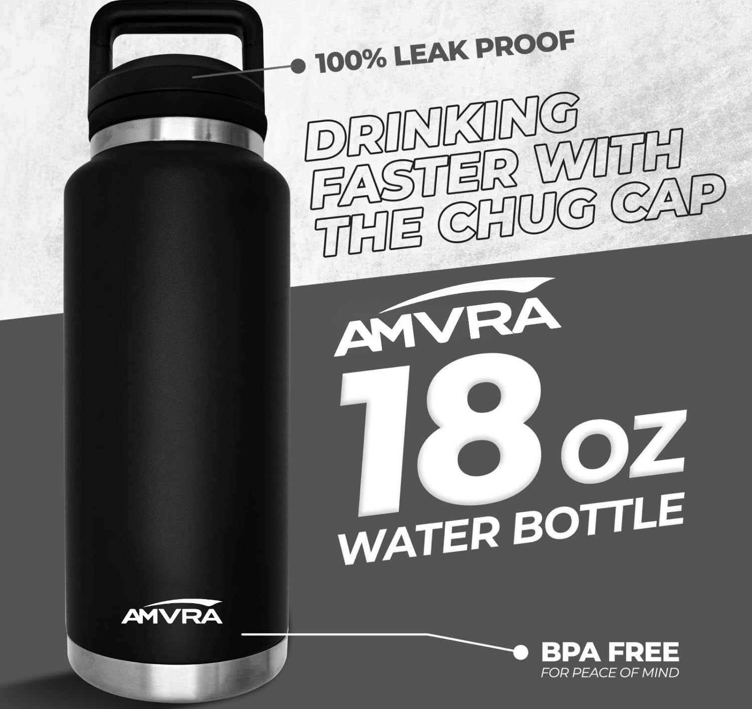 AMVRA Rambler 18 oz Stainless Steel Water Bottle with Chug Cap – Vacuum Insulated, Leakproof, BPA Free – Keeps Drinks Cold 24H Hot 12H – Reusable Travel Bottle, Black