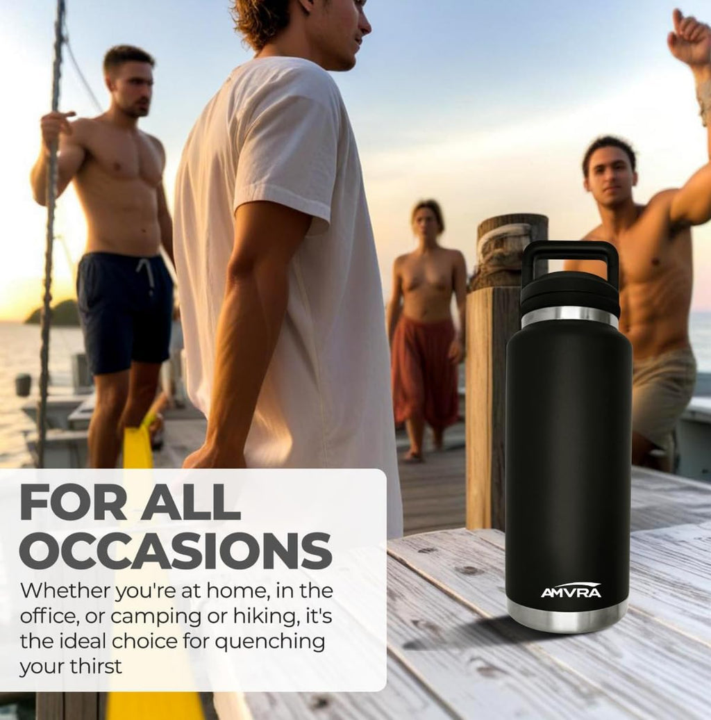 AMVRA Rambler 26 oz Stainless Steel Water Bottle with Chug Cap – Vacuum Insulated, Leakproof, BPA Free – Keeps Drinks Cold 24H Hot 12H – Reusable Travel Bottle, Black