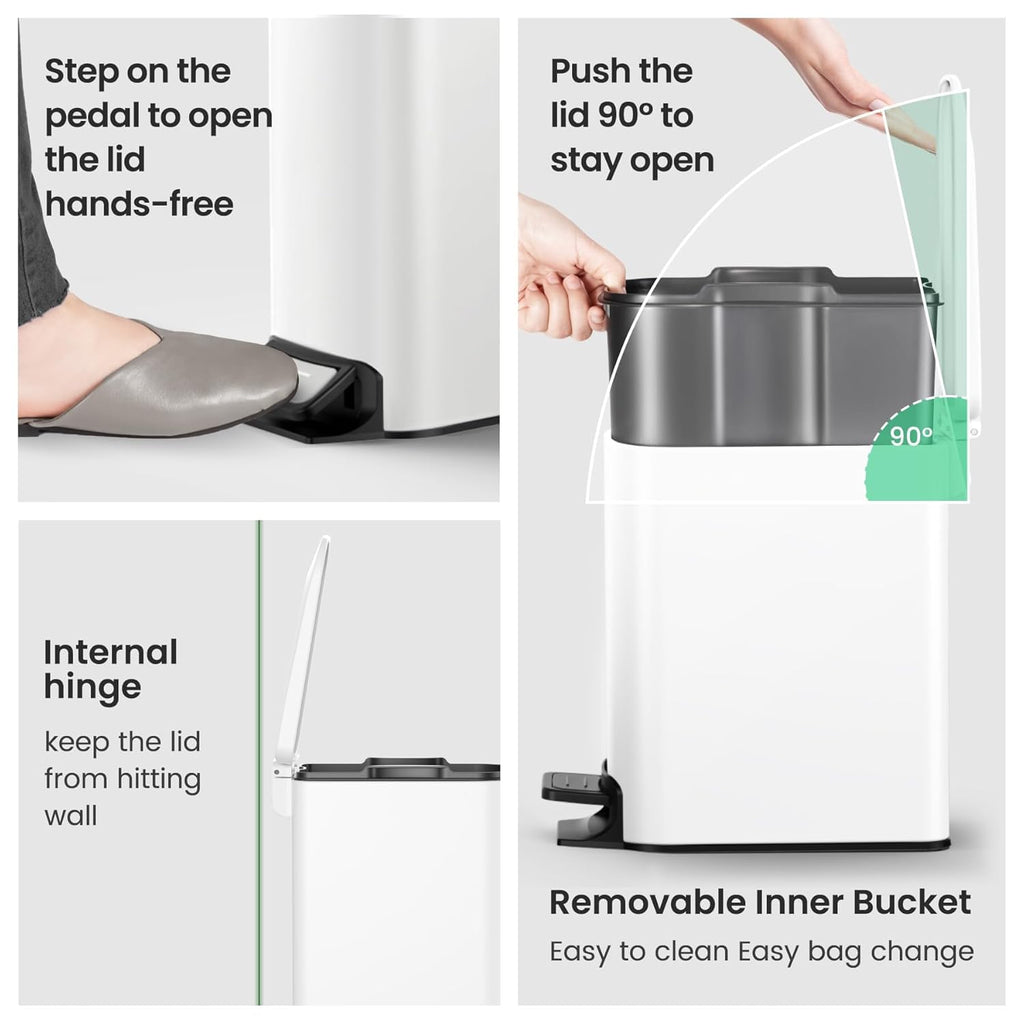 AMVRA Small Bathroom Trash Can with Lid Soft Close, Step Pedal, 6 Liter / 1.6 Gallon Stainless Steel Garbage Can with Removable Inner Bucket, Anti-Fingerprint Finish (White)