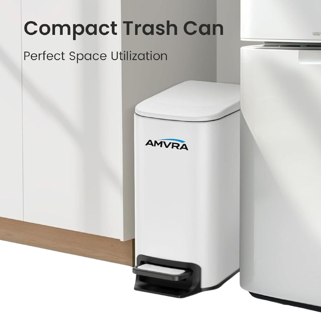 AMVRA Small Bathroom Trash Can with Lid Soft Close, Step Pedal, 6 Liter / 1.6 Gallon Stainless Steel Garbage Can with Removable Inner Bucket, Anti-Fingerprint Finish (White)