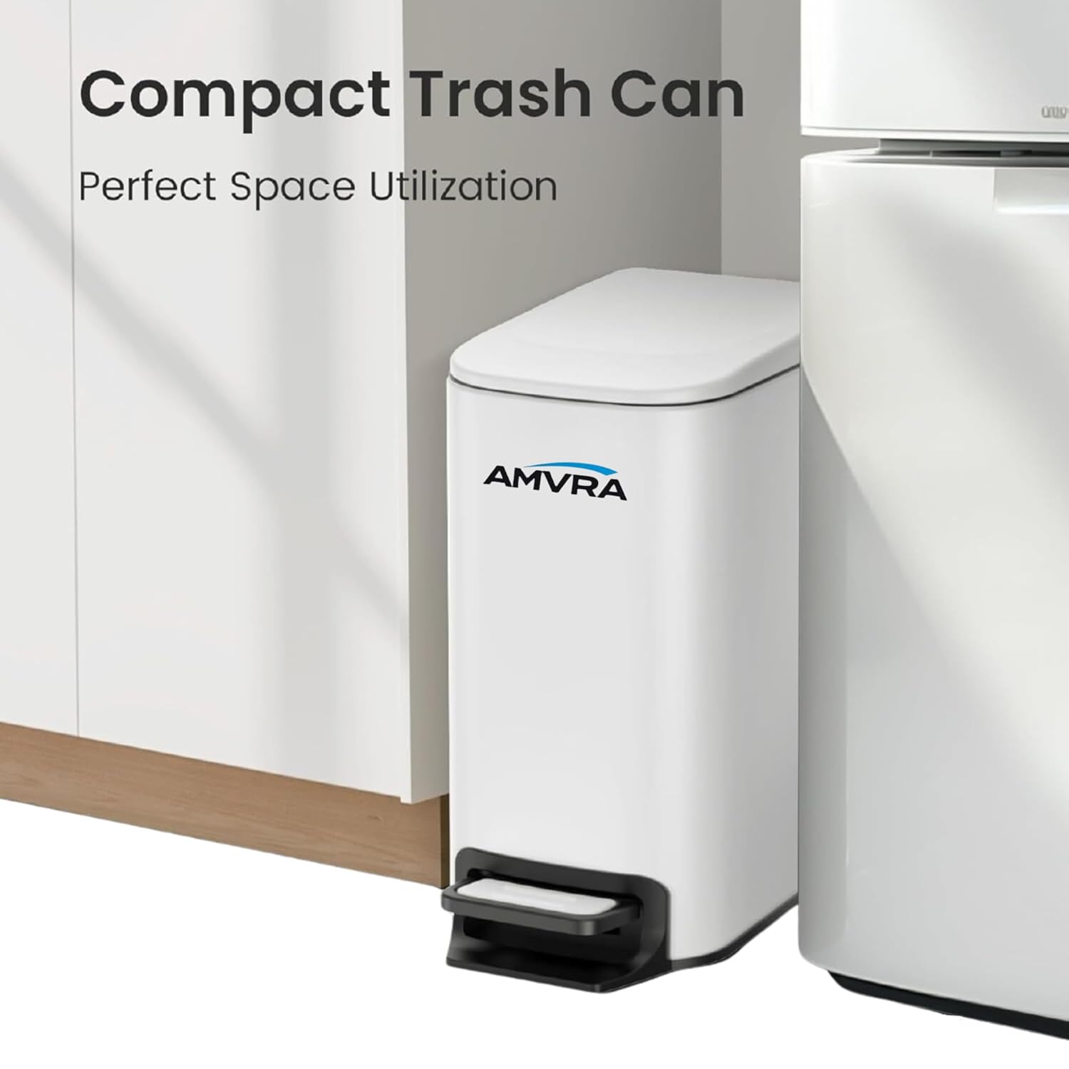 AMVRA Small Bathroom Trash Can with Lid Soft Close, Step Pedal, 6 Liter / 1.6 Gallon Stainless Steel Garbage Can with Removable Inner Bucket, Anti-Fingerprint Finish (White)