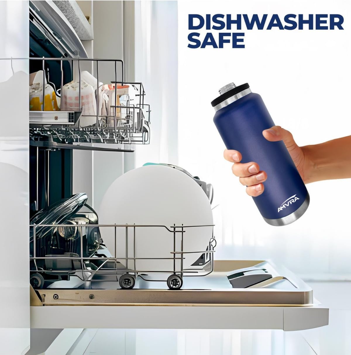 AMVRA Rambler 18 oz Stainless Steel Water Bottle with Chug Cap – Vacuum Insulated, Leakproof, BPA Free – Keeps Drinks Cold 24H Hot 12H – Reusable Travel Bottle, Navy Blue