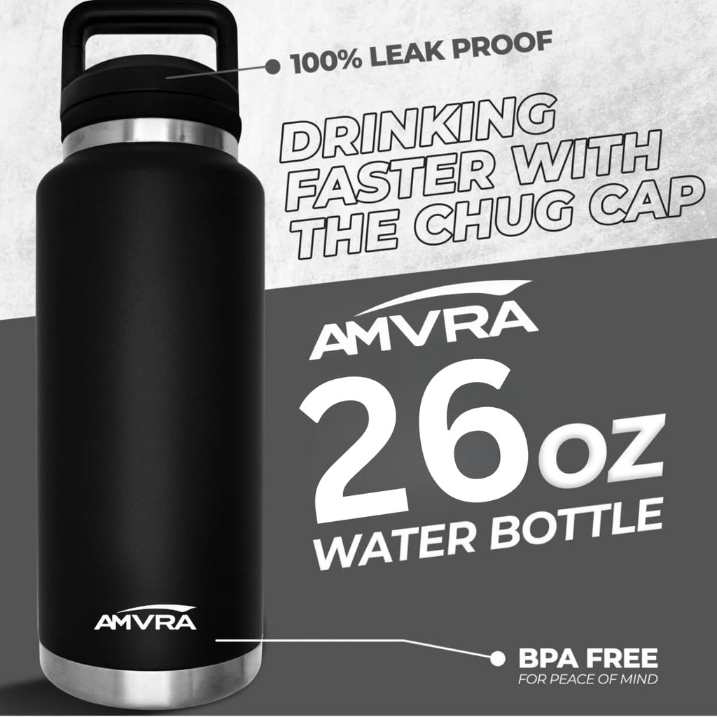 AMVRA Rambler 26 oz Stainless Steel Water Bottle with Chug Cap – Vacuum Insulated, Leakproof, BPA Free – Keeps Drinks Cold 24H Hot 12H – Reusable Travel Bottle, Black