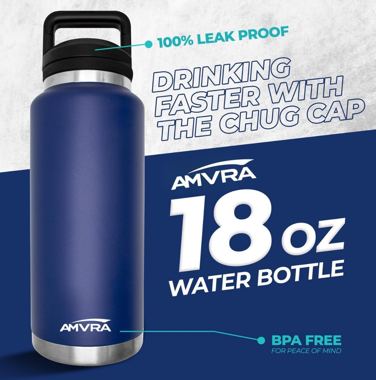 AMVRA Rambler 18 oz Stainless Steel Water Bottle with Chug Cap – Vacuum Insulated, Leakproof, BPA Free – Keeps Drinks Cold 24H Hot 12H – Reusable Travel Bottle, Navy Blue
