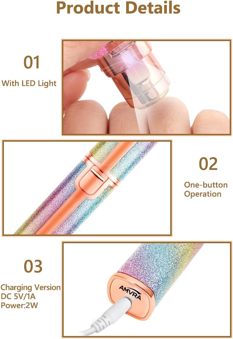 AMVRA 2-in-1 Facial Hair Removal for Women, Rechargeable Eyebrow & Nose Hair Trimmer, Painless Face Shaver for Lip, Chin & Eyebrow with Built-in LED Light, USB Rechargeable Facial Hair Remover