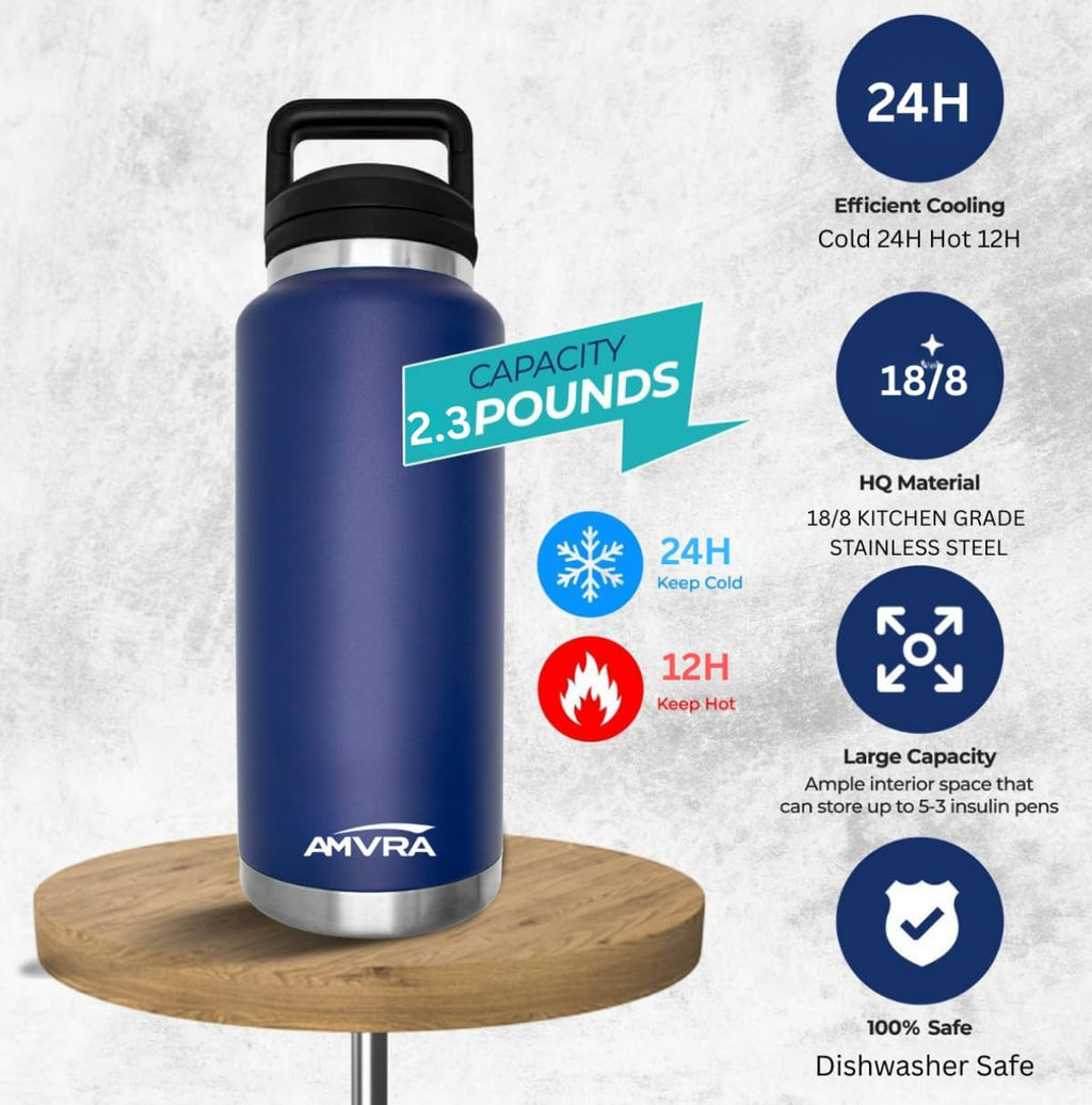 AMVRA Rambler 36 oz Stainless Steel Water Bottle with Chug Cap – Vacuum Insulated, Leakproof, BPA Free – Keeps Drinks Cold 24H Hot 12H – Reusable Travel Bottle, Navy Blue