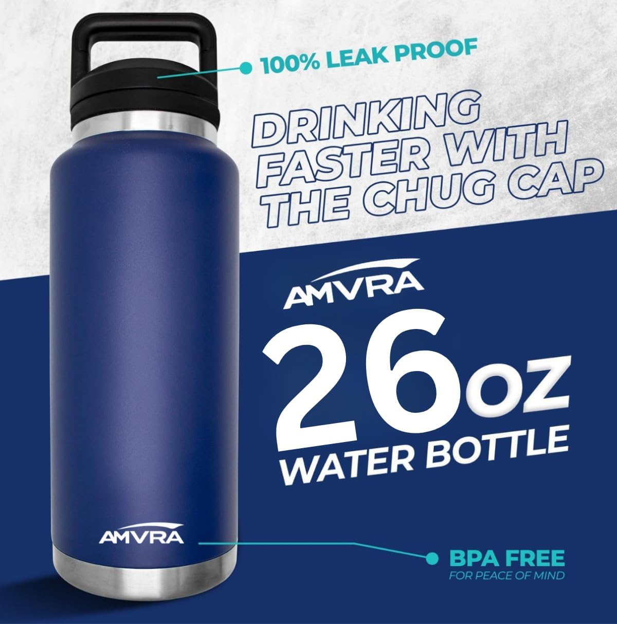 AMVRA Rambler 26 oz Stainless Steel Water Bottle with Chug Cap – Vacuum Insulated, Leakproof, BPA Free – Keeps Drinks Cold 24H Hot 12H – Reusable Travel Bottle, Navy Blue