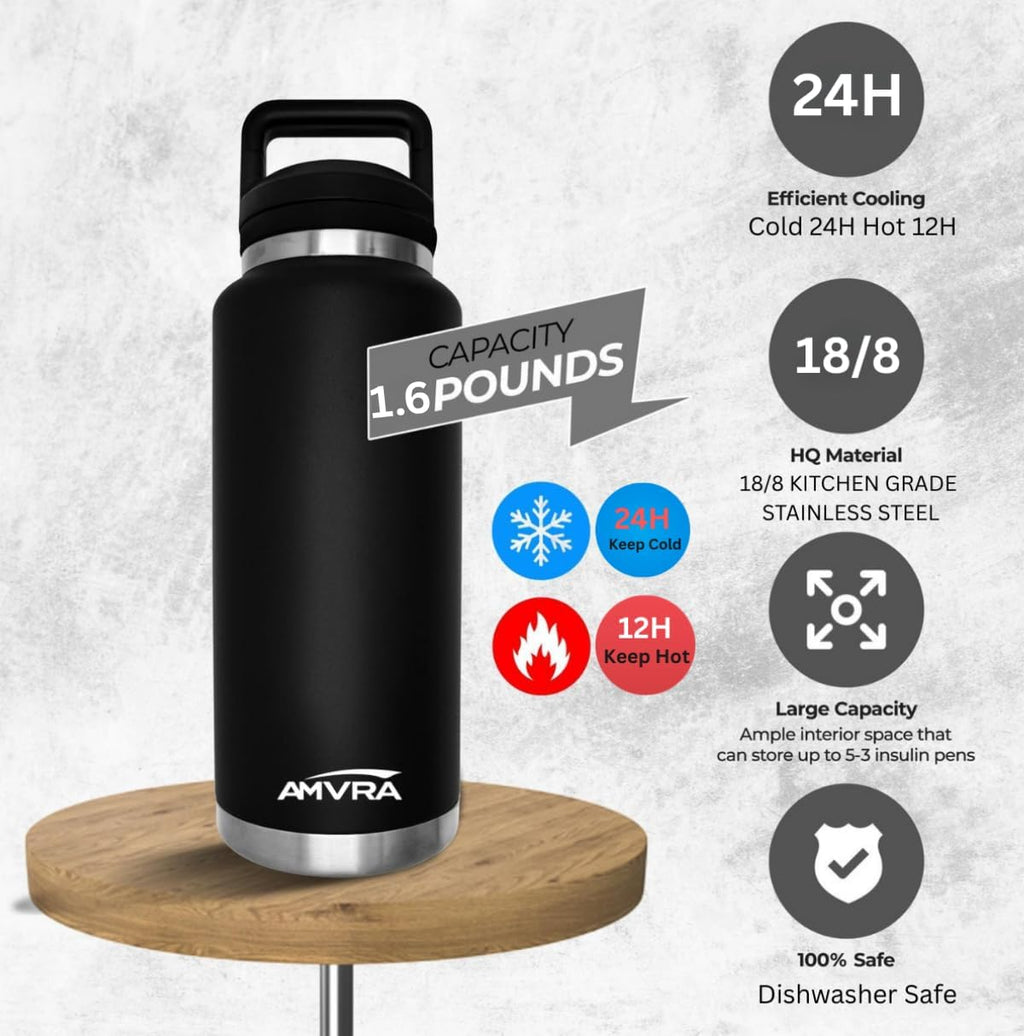 AMVRA Rambler 26 oz Stainless Steel Water Bottle with Chug Cap – Vacuum Insulated, Leakproof, BPA Free – Keeps Drinks Cold 24H Hot 12H – Reusable Travel Bottle, Black