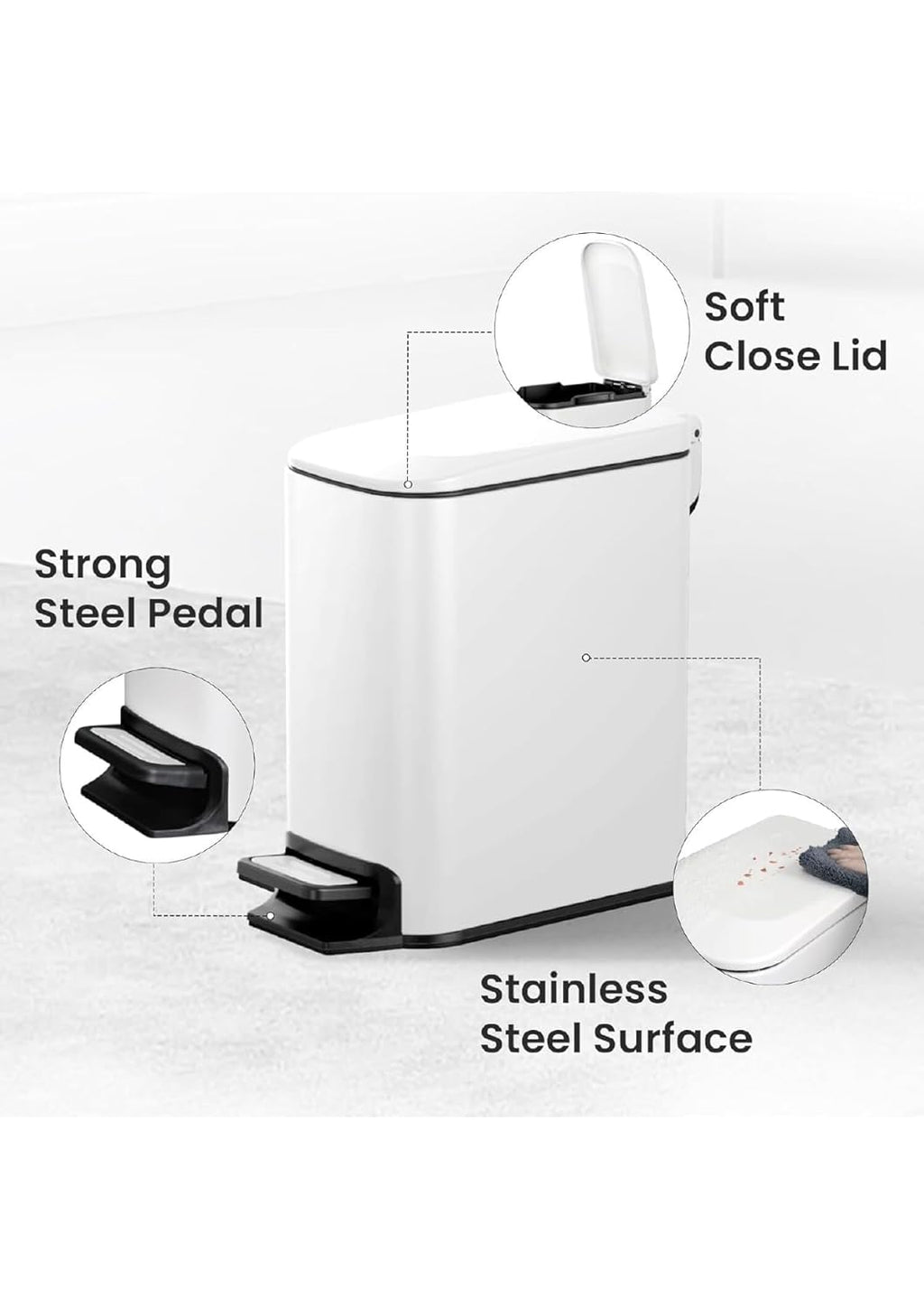 AMVRA Small Bathroom Trash Can with Lid Soft Close, Step Pedal, 6 Liter / 1.6 Gallon Stainless Steel Garbage Can with Removable Inner Bucket, Anti-Fingerprint Finish (White)