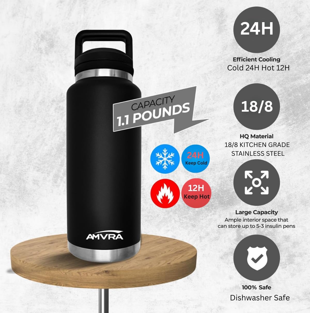 AMVRA Rambler 18 oz Stainless Steel Water Bottle with Chug Cap – Vacuum Insulated, Leakproof, BPA Free – Keeps Drinks Cold 24H Hot 12H – Reusable Travel Bottle, Black