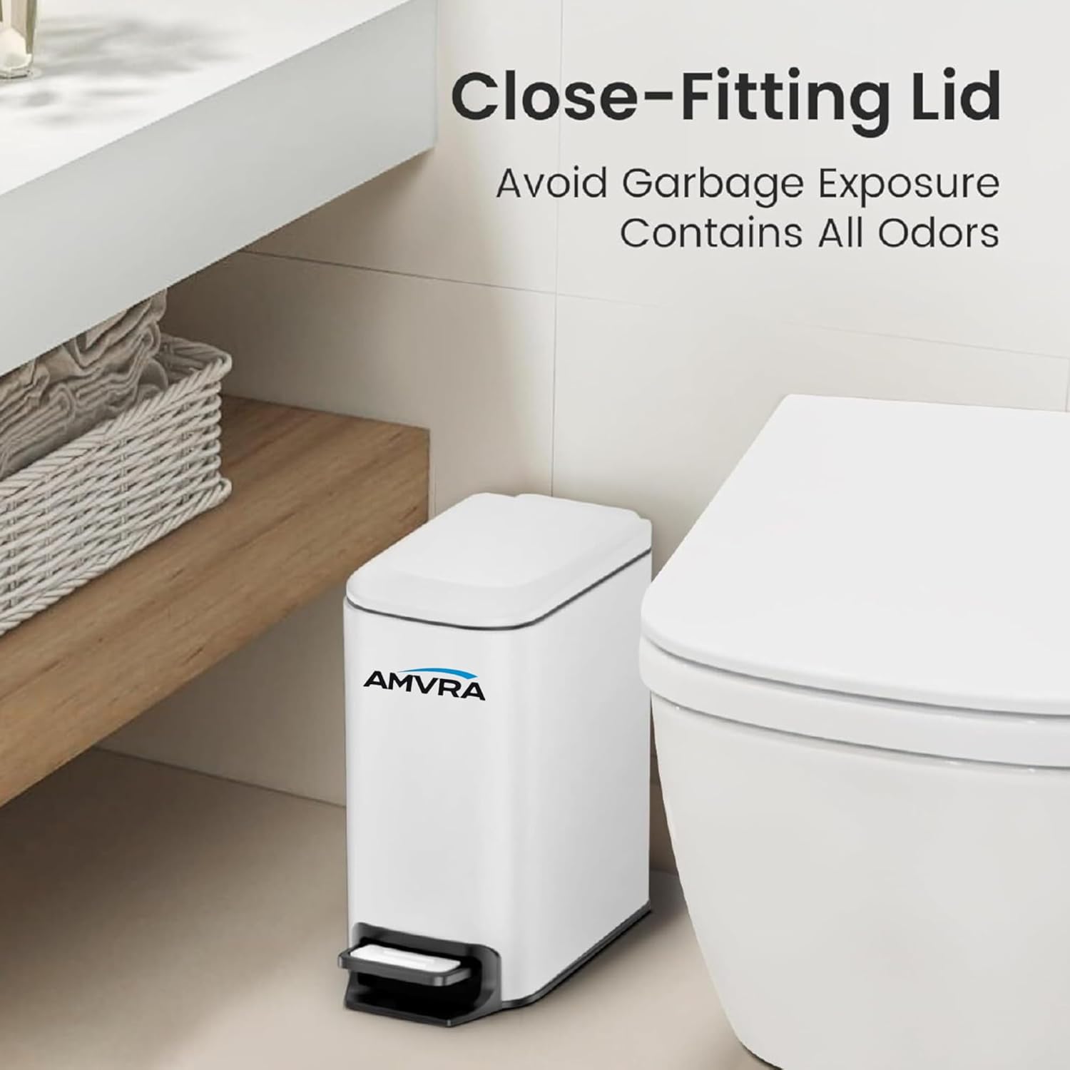 AMVRA Small Bathroom Trash Can with Lid Soft Close, Step Pedal, 6 Liter / 1.6 Gallon Stainless Steel Garbage Can with Removable Inner Bucket, Anti-Fingerprint Finish (White)