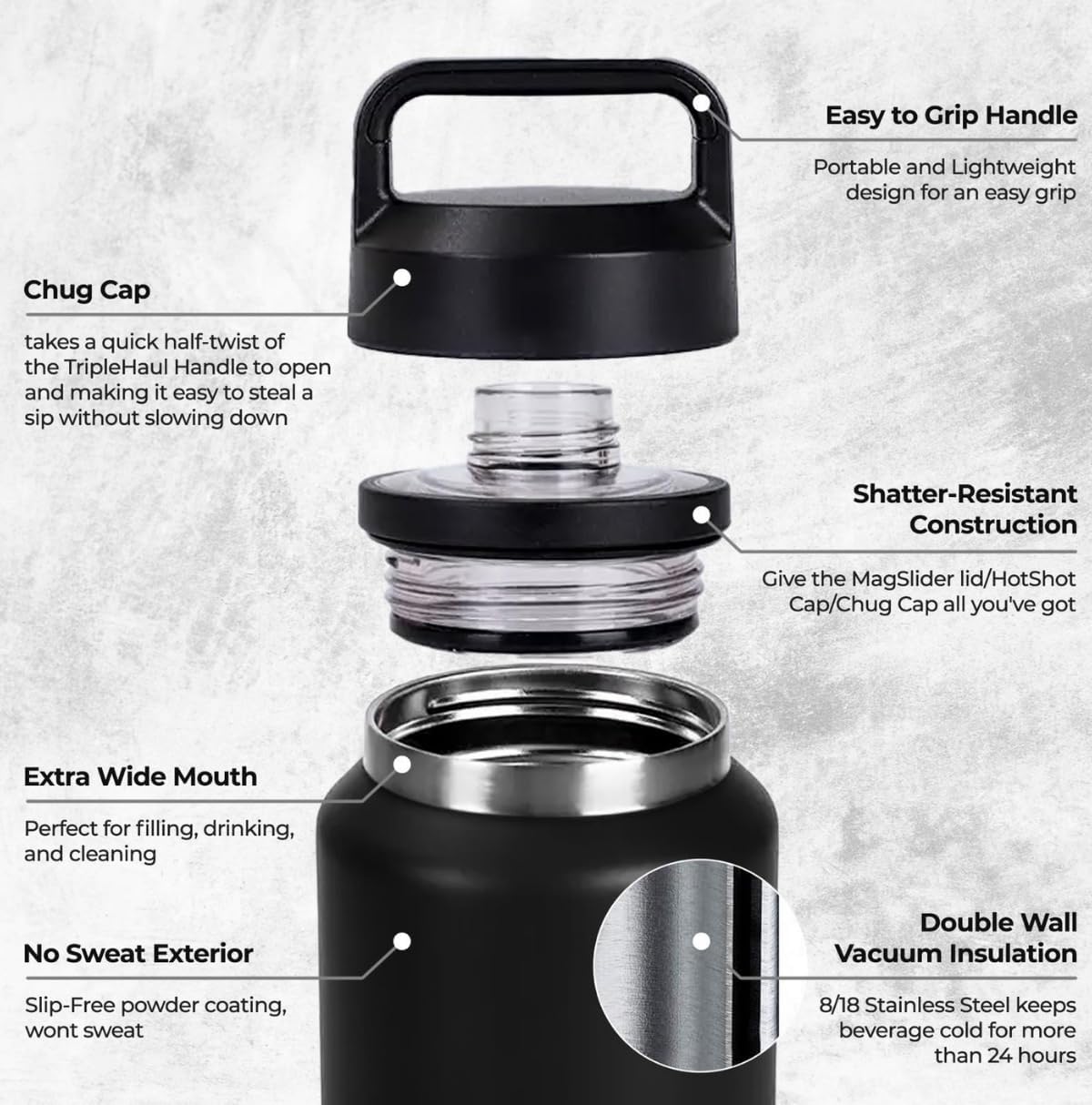 AMVRA Rambler 18 oz Stainless Steel Water Bottle with Chug Cap – Vacuum Insulated, Leakproof, BPA Free – Keeps Drinks Cold 24H Hot 12H – Reusable Travel Bottle, Black