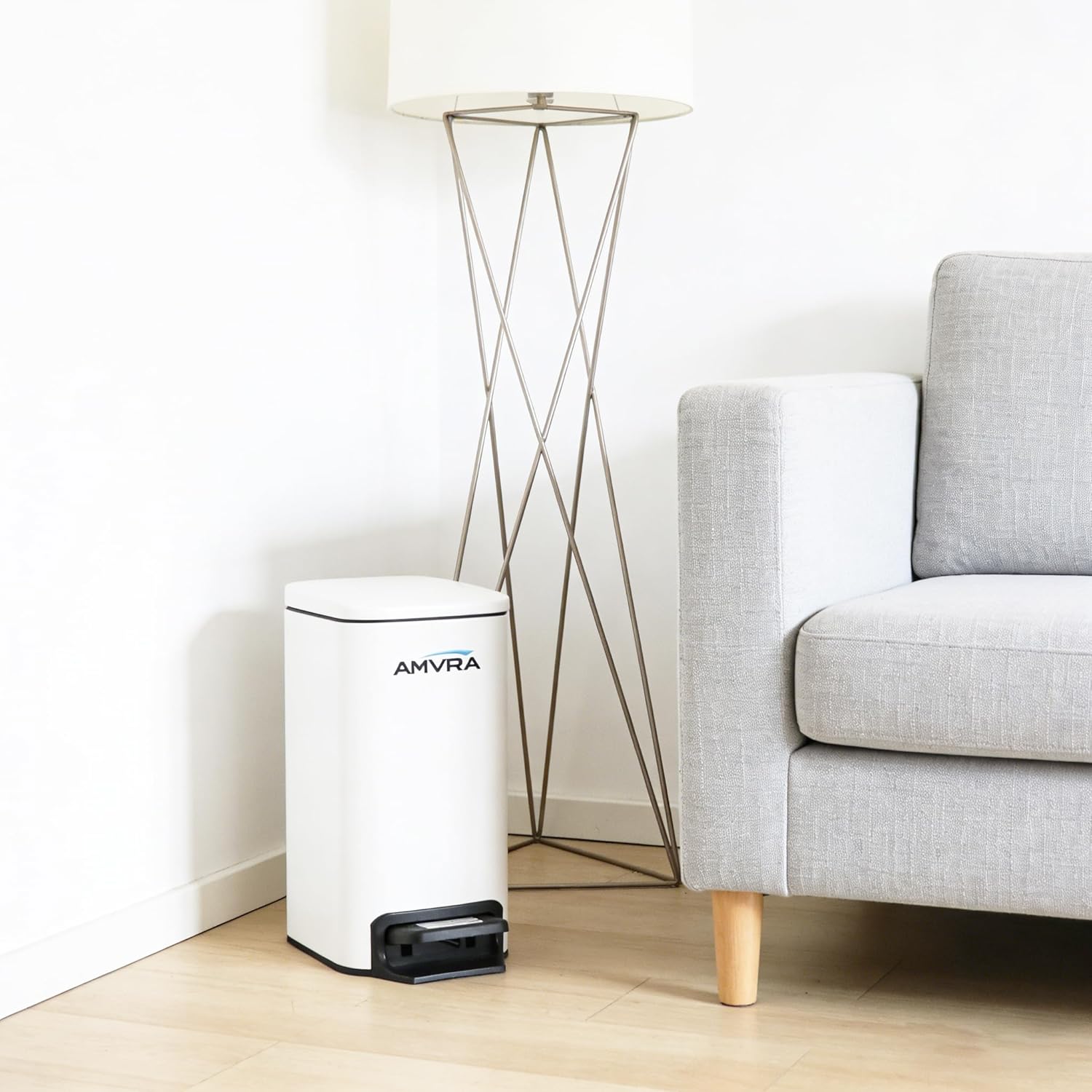 AMVRA Small Bathroom Trash Can with Lid Soft Close, Step Pedal, 6 Liter / 1.6 Gallon Stainless Steel Garbage Can with Removable Inner Bucket, Anti-Fingerprint Finish (White)