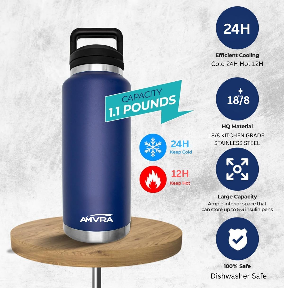 AMVRA Rambler 18 oz Stainless Steel Water Bottle with Chug Cap – Vacuum Insulated, Leakproof, BPA Free – Keeps Drinks Cold 24H Hot 12H – Reusable Travel Bottle, Navy Blue