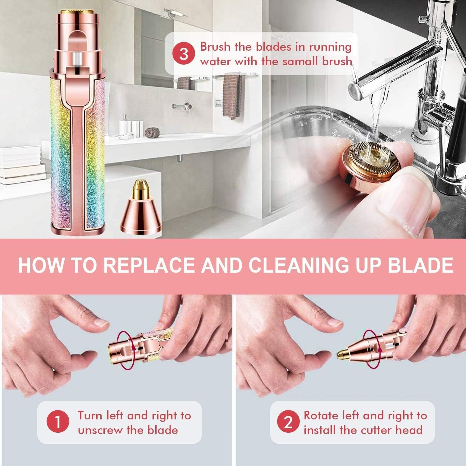 AMVRA 2-in-1 Facial Hair Removal for Women, Rechargeable Eyebrow & Nose Hair Trimmer, Painless Face Shaver for Lip, Chin & Eyebrow with Built-in LED Light, USB Rechargeable Facial Hair Remover