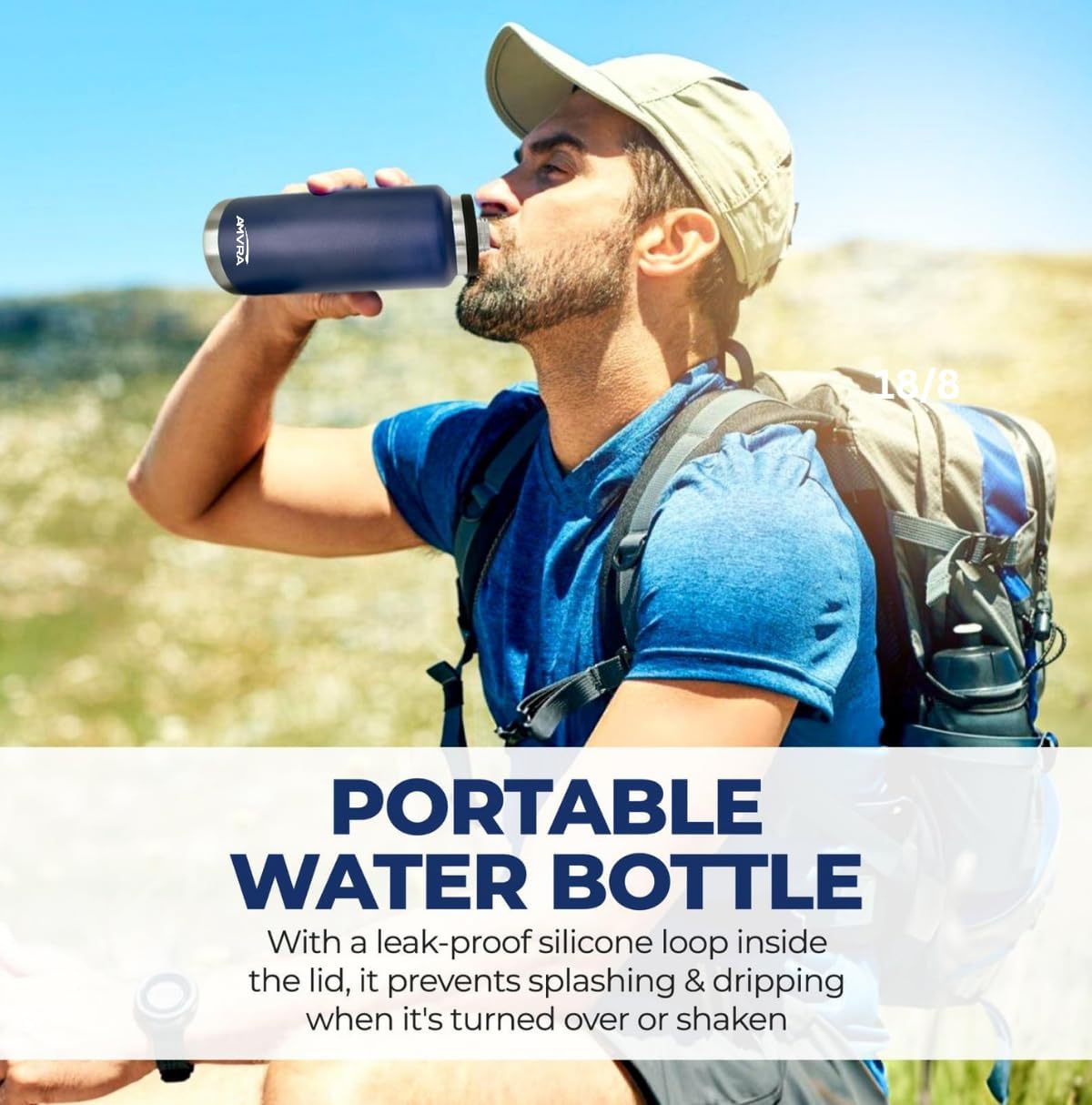 AMVRA Rambler 18 oz Stainless Steel Water Bottle with Chug Cap – Vacuum Insulated, Leakproof, BPA Free – Keeps Drinks Cold 24H Hot 12H – Reusable Travel Bottle, Navy Blue