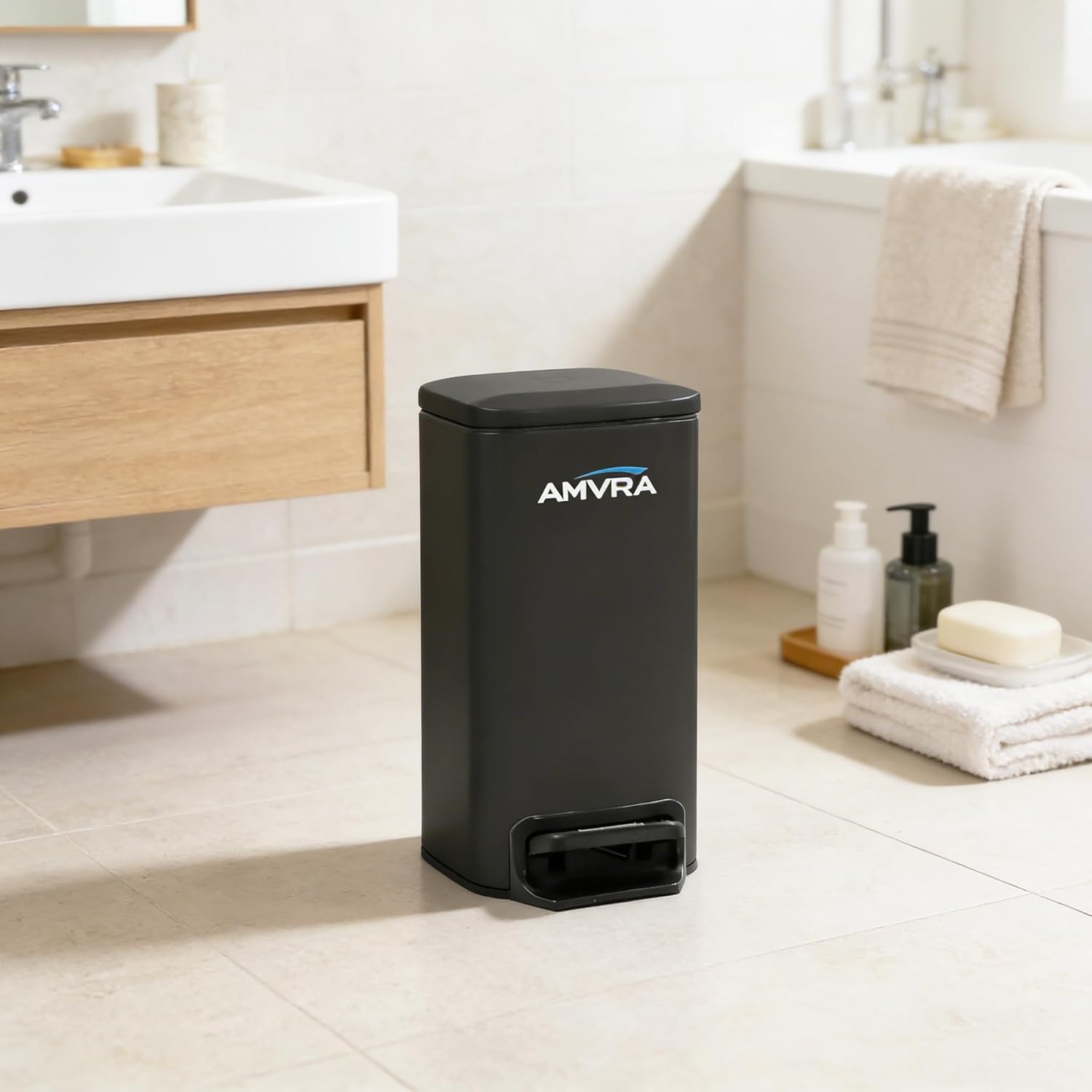 AMVRA Small Bathroom Trash Can with Lid Soft Close, Step Pedal, 6 Liter / 1.6 Gallon Stainless Steel Garbage Can with Removable Inner Bucket, Anti-Fingerprint Finish (Black)