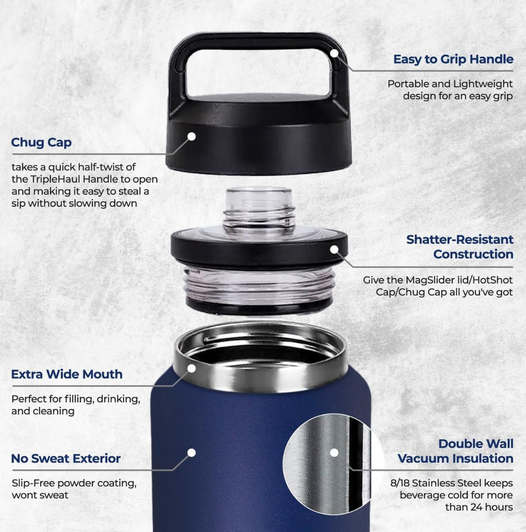 AMVRA Rambler 26 oz Stainless Steel Water Bottle with Chug Cap – Vacuum Insulated, Leakproof, BPA Free – Keeps Drinks Cold 24H Hot 12H – Reusable Travel Bottle, Navy Blue