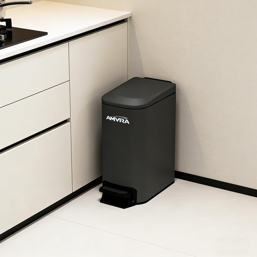 AMVRA Small Bathroom Trash Can with Lid Soft Close, Step Pedal, 6 Liter / 1.6 Gallon Stainless Steel Garbage Can with Removable Inner Bucket, Anti-Fingerprint Finish (Black)