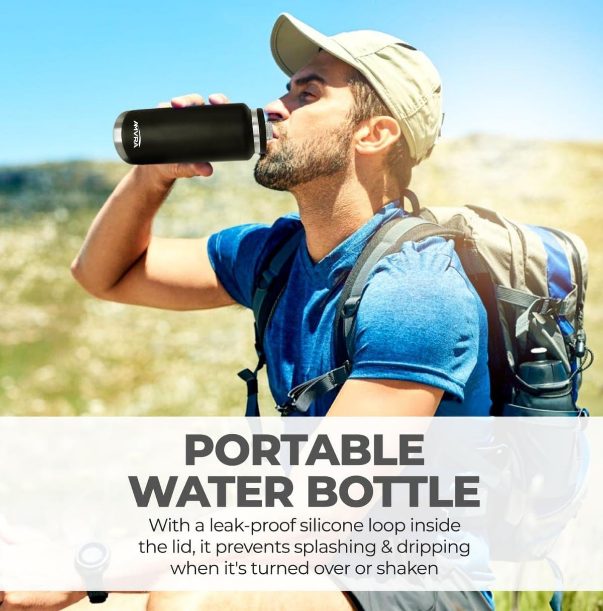 AMVRA Rambler 36 oz Stainless Steel Water Bottle with Chug Cap – Vacuum Insulated, Leakproof, BPA Free – Keeps Drinks Cold 24H Hot 12H – Reusable Travel Bottle, Black