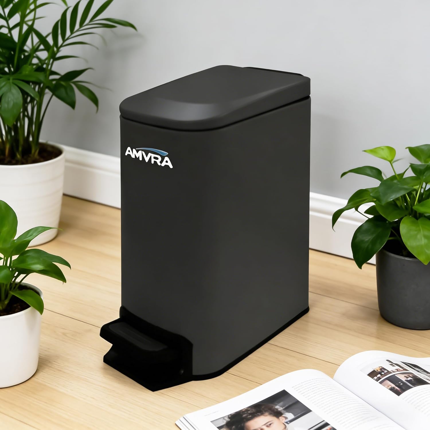 AMVRA Small Bathroom Trash Can with Lid Soft Close, Step Pedal, 6 Liter / 1.6 Gallon Stainless Steel Garbage Can with Removable Inner Bucket, Anti-Fingerprint Finish (Black)