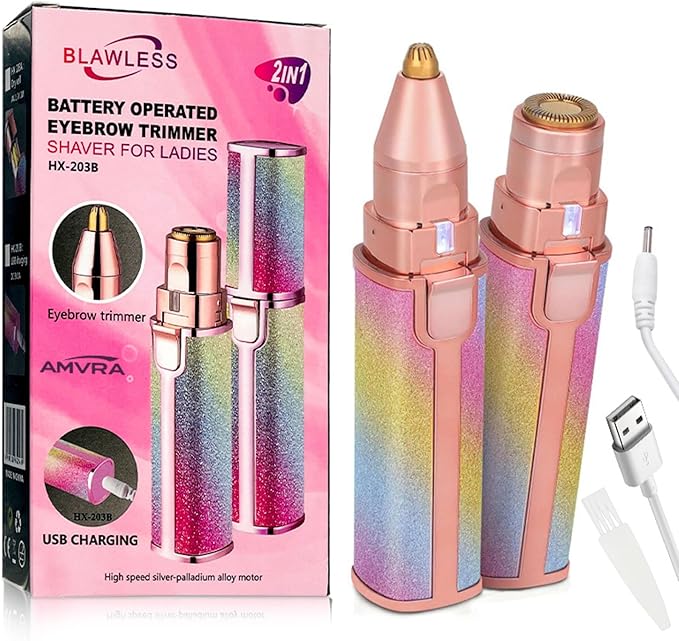 AMVRA 2-in-1 Facial Hair Removal for Women, Rechargeable Eyebrow & Nose Hair Trimmer, Painless Face Shaver for Lip, Chin & Eyebrow with Built-in LED Light, USB Rechargeable Facial Hair Remover